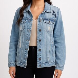 Fashion Nova L Distressed Denim Jacket Blue Embroidered Floral Jean Coat Cotton